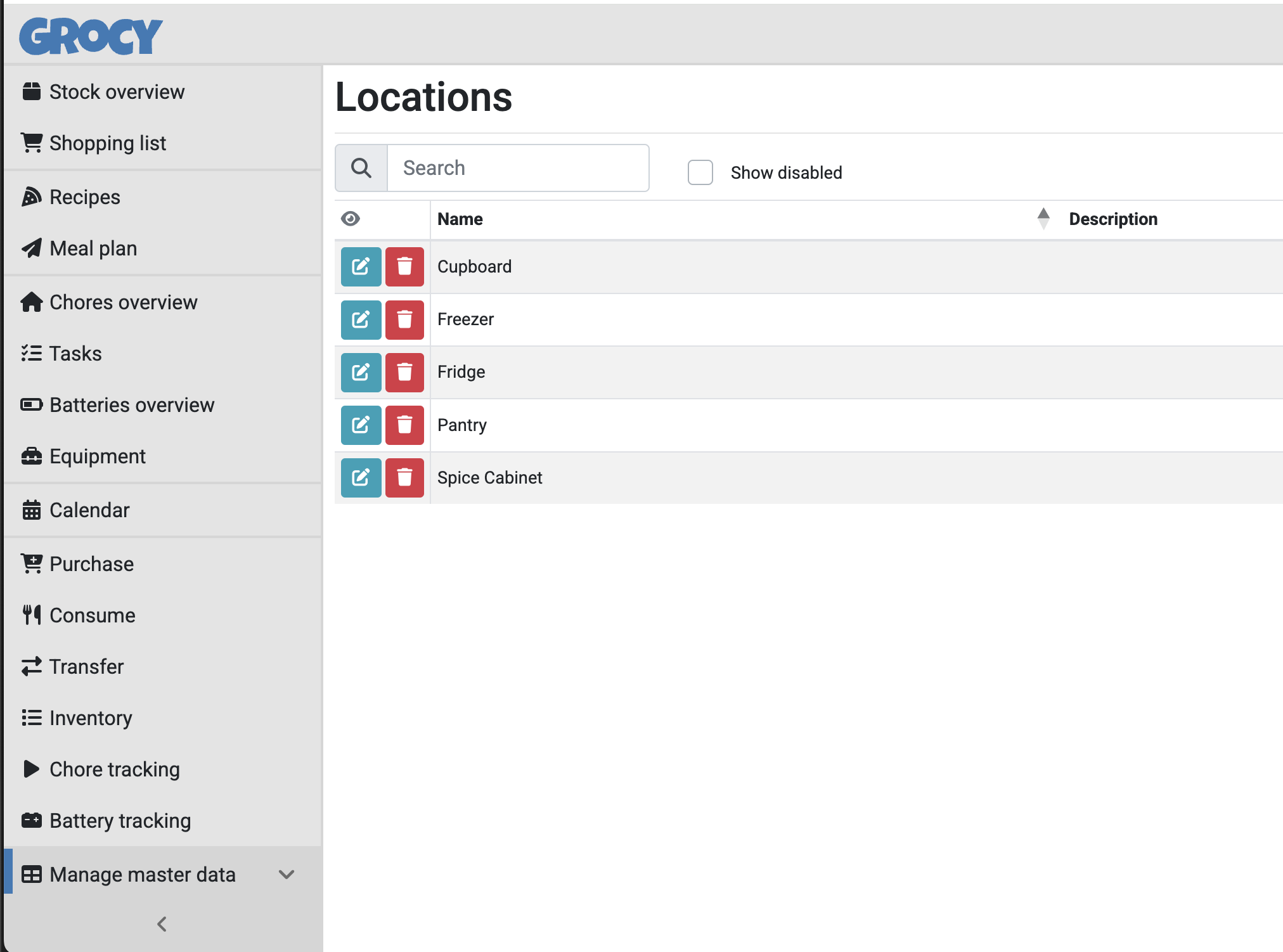 Custom storage locations configured in Grocy