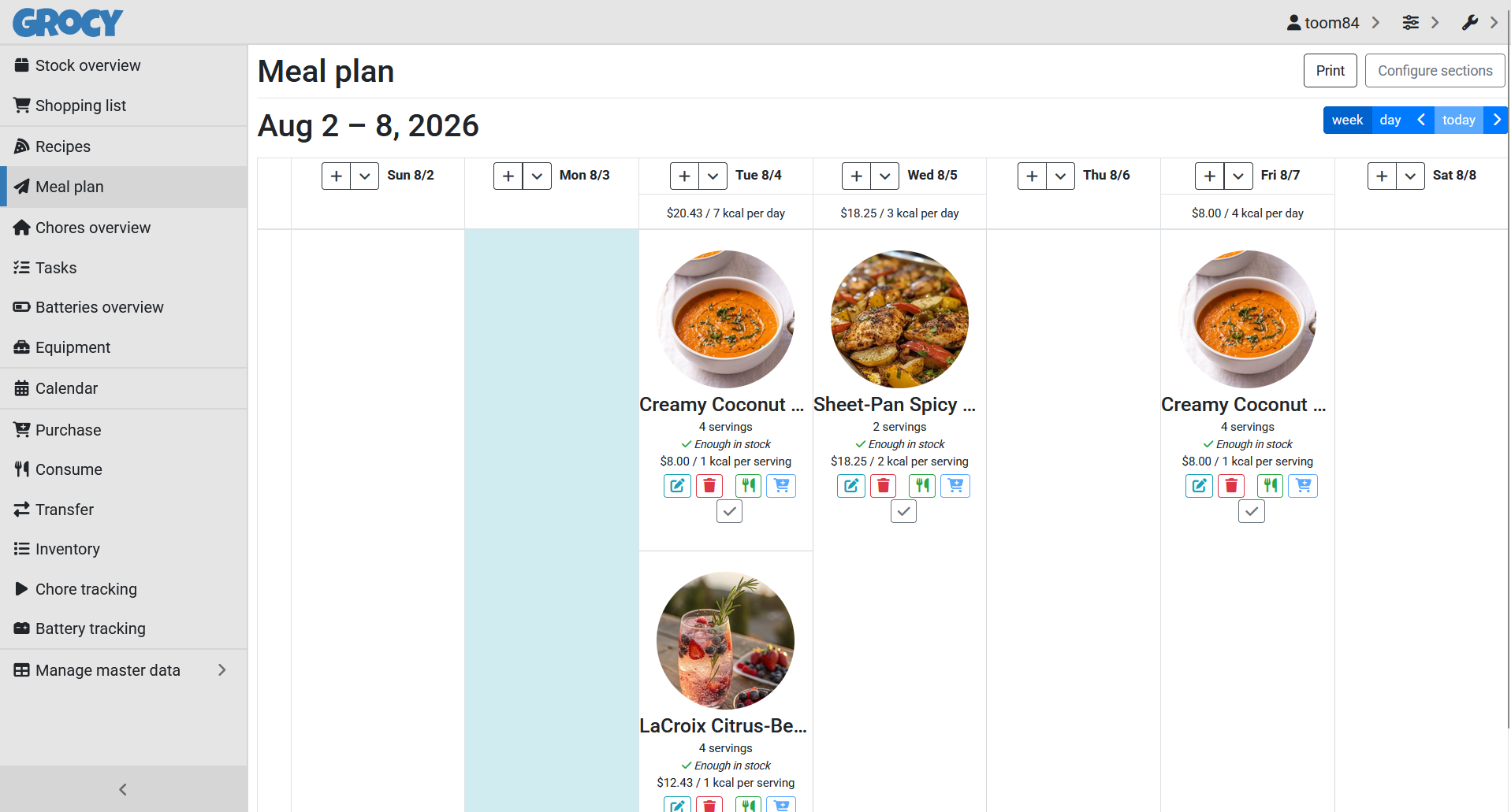 Weekly meal plan checked against real stock on hand
