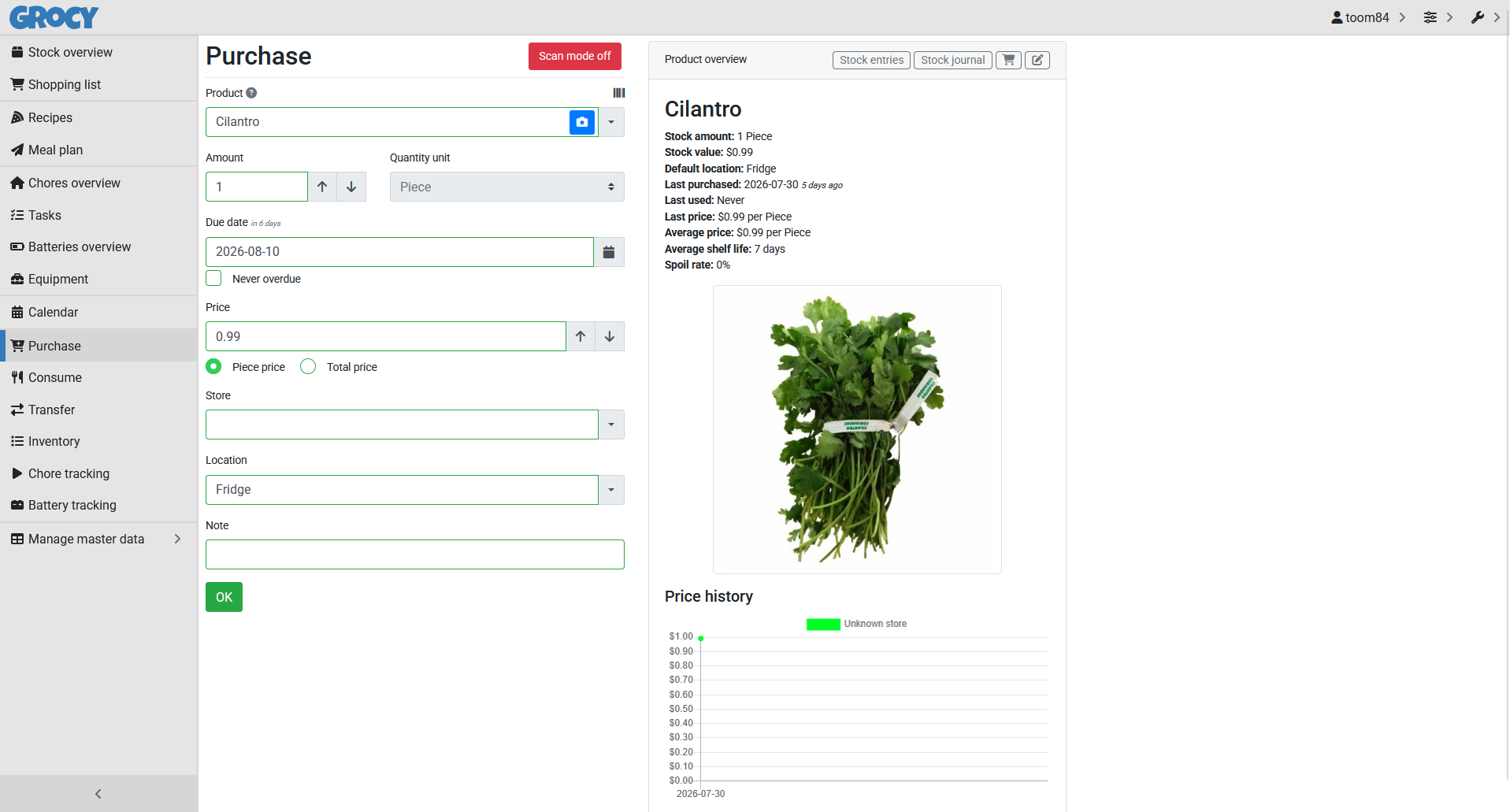 Purchase flow and product overview panel with price history