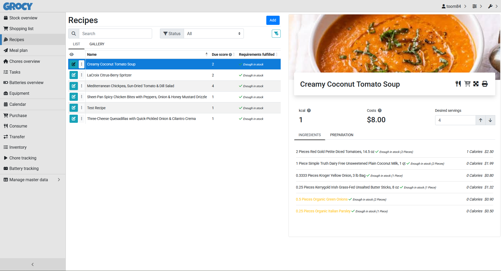 Recipe-linked shopping list with live cost and calorie data