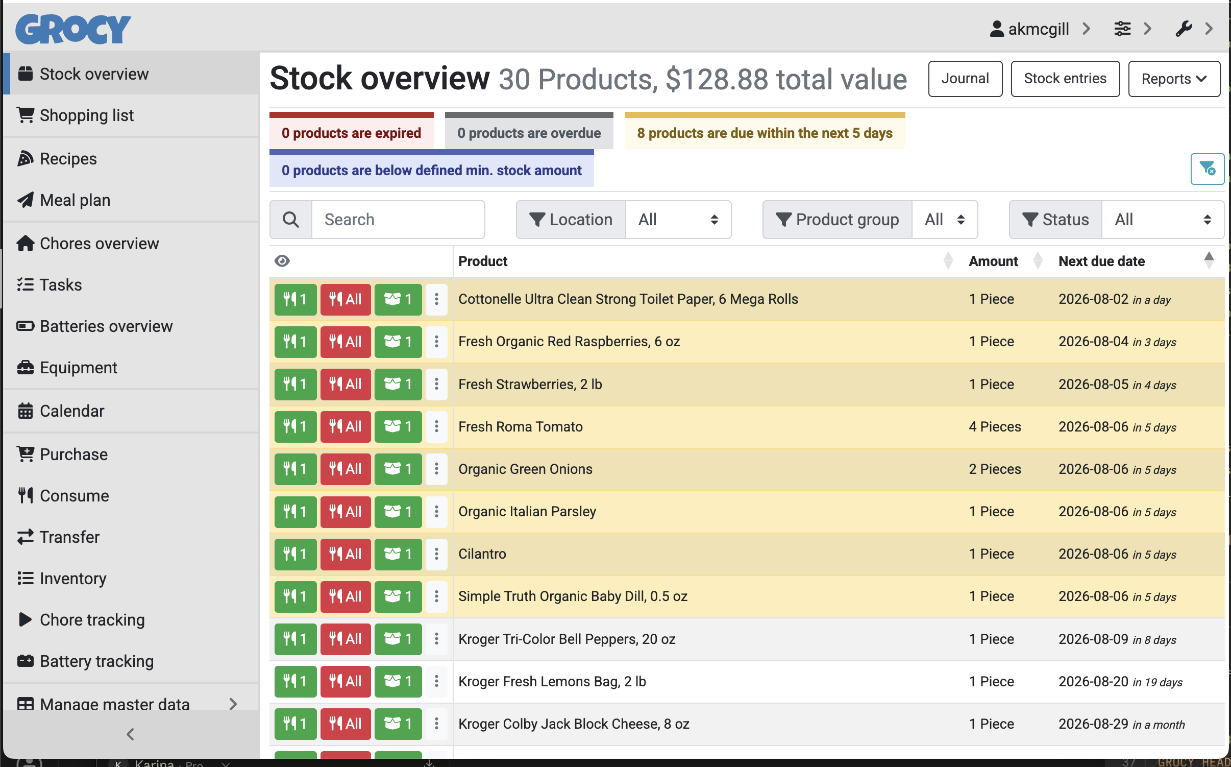 Live stock overview screen showing inventory, value, and expiration tracking