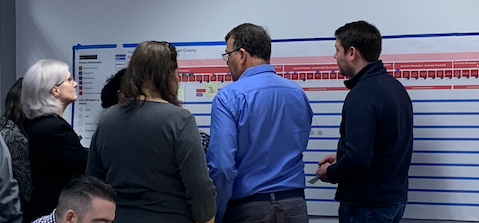 Team members gathered around a process diagram on the wall